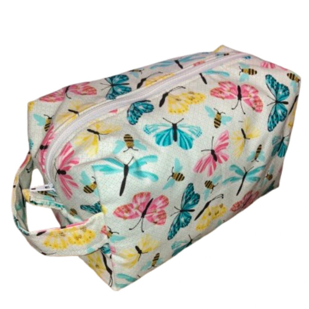 Handmade Zippered Everything Bag Cute Butterfly Fabric Pink Teal Yellow Strap